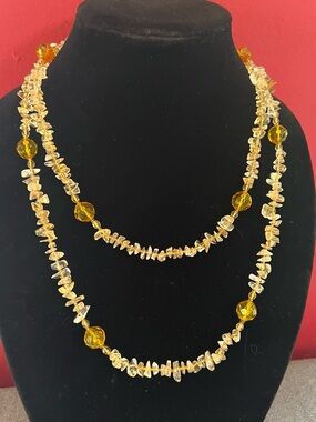 Citrine Gemstone Chip Necklace Faceted Amber Glass Bead Accents Women’s Jewelry